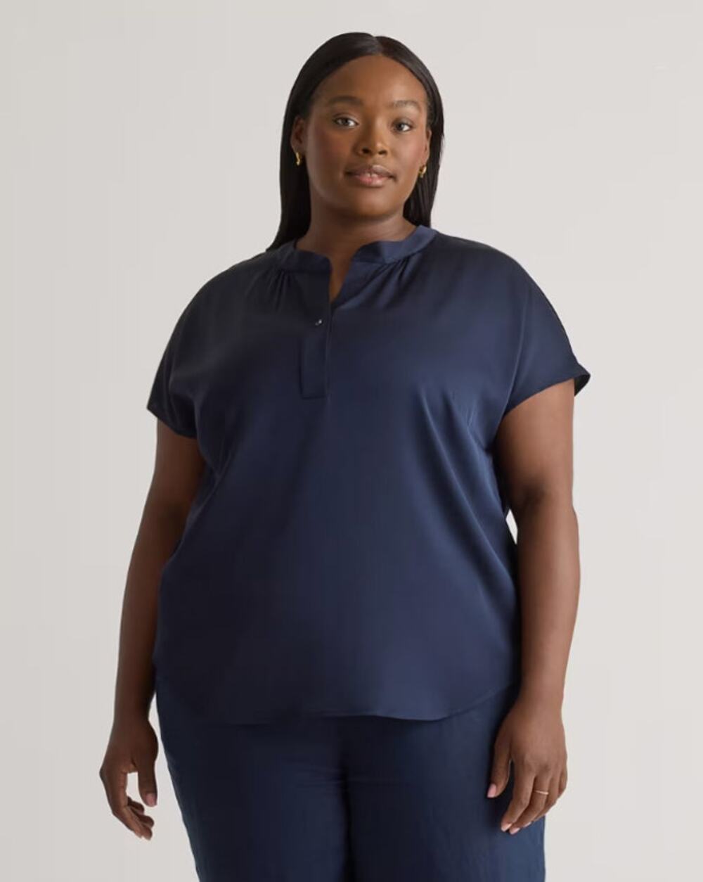 Quince Washable Stretch Silk Dolman Sleeve Blouse Navy Blue 1X